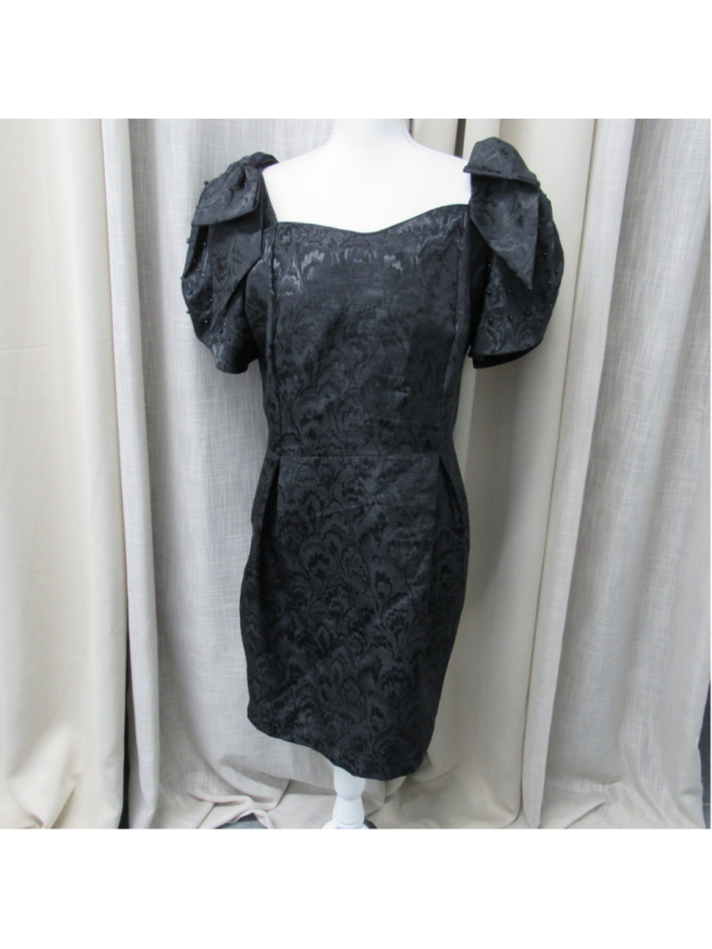 Vintage 80s In The Mood Black Brocade Puff Sleeve Bow Cocktail Sheth Dress 16